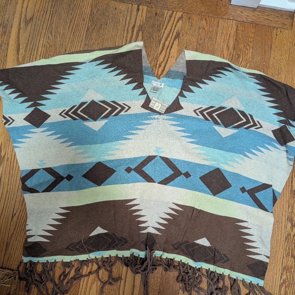 Blue And Brown Patterned Poncho - image 2